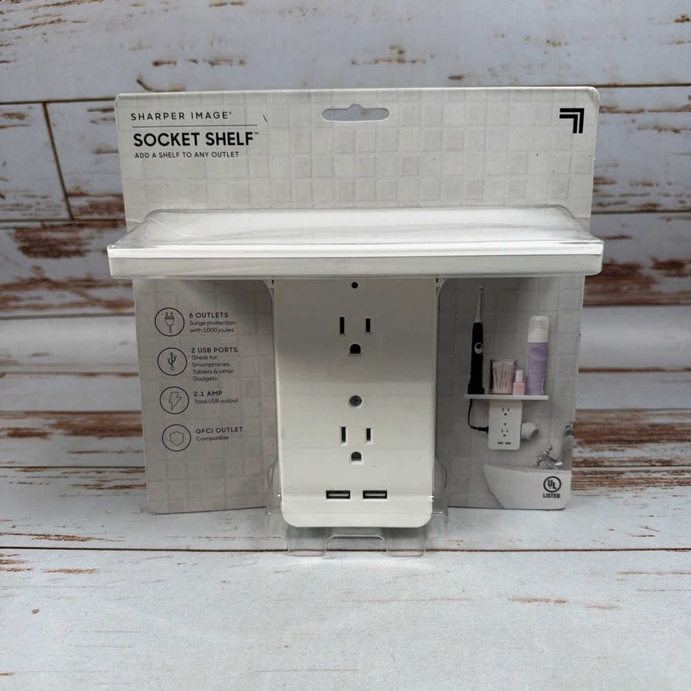 Sharper Image Socket Shelf Wall 6-Outlet Extender Surge Protector 2 USB Ports